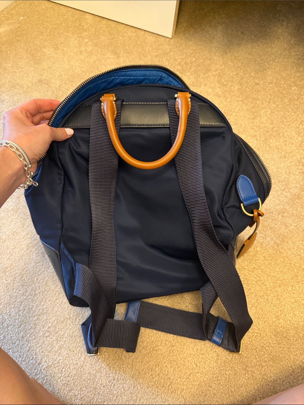 Tory Burch Navy Backpack with Bright Blue Trim and Tan Handle - Picture 3 of 4